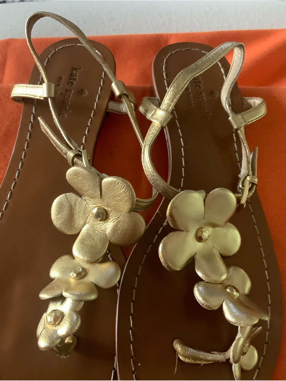 kate spade Metallic Gold Floral Leather Thong Sandals - Picture 2 of 5